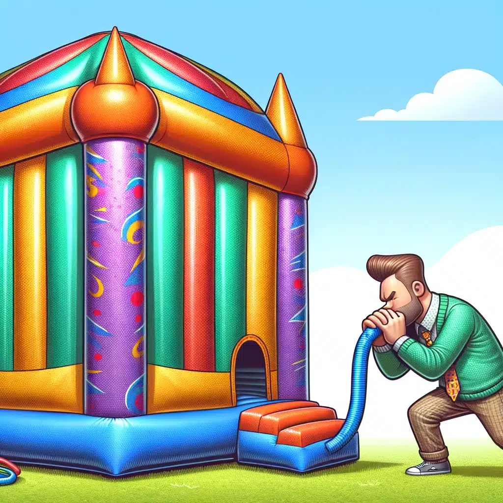 a man humorously trying to inflate a bouncy castle with his mouth